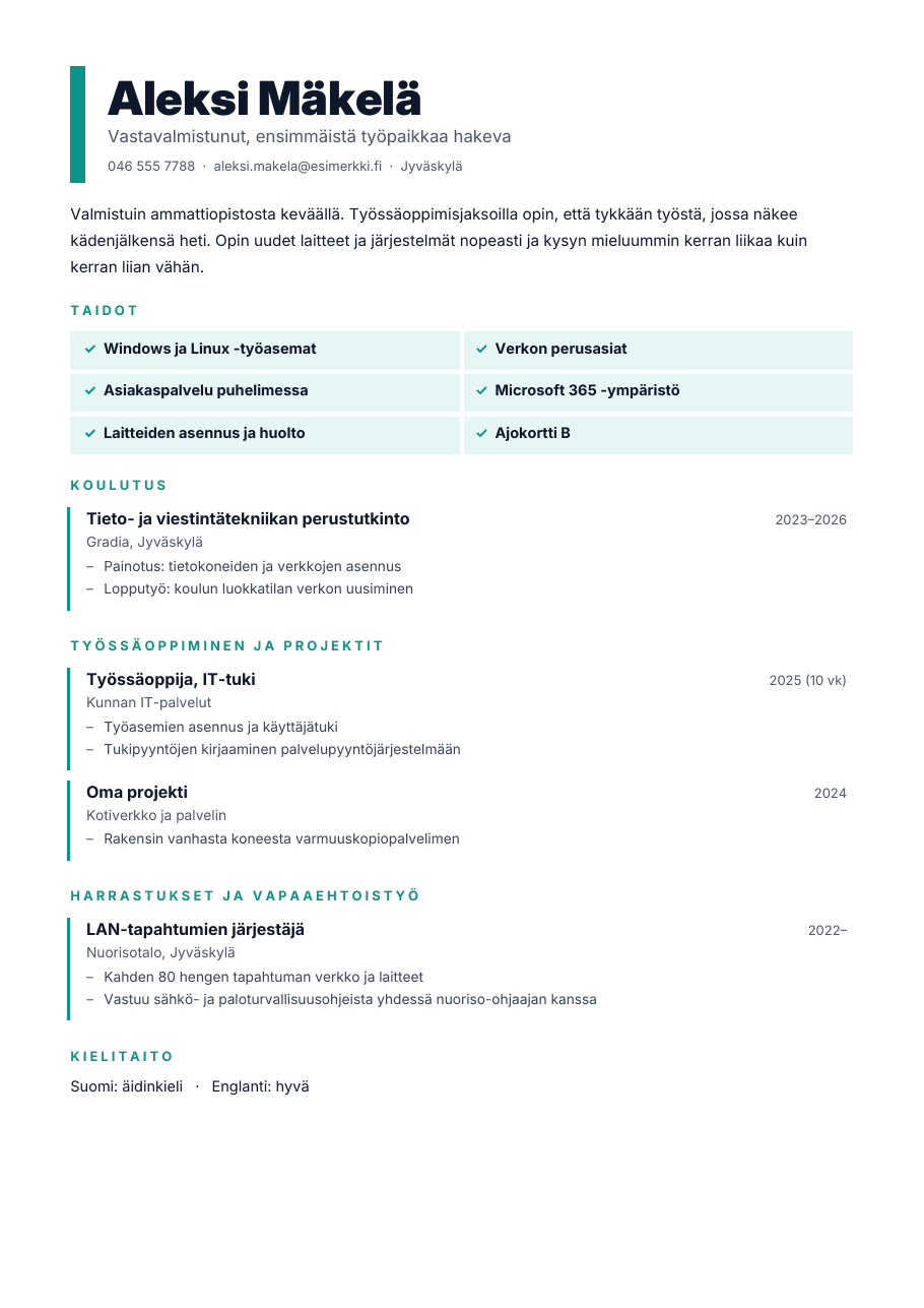 Eka-CV-pohja (Ensimmäinen CV ilman työkokemusta), esikatselu