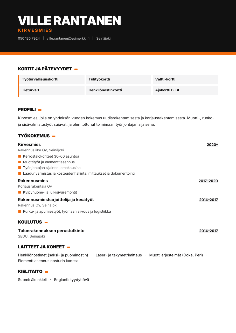 Työmaa-CV-pohja (Rakennus- ja tekniikka-alan CV), esikatselu
